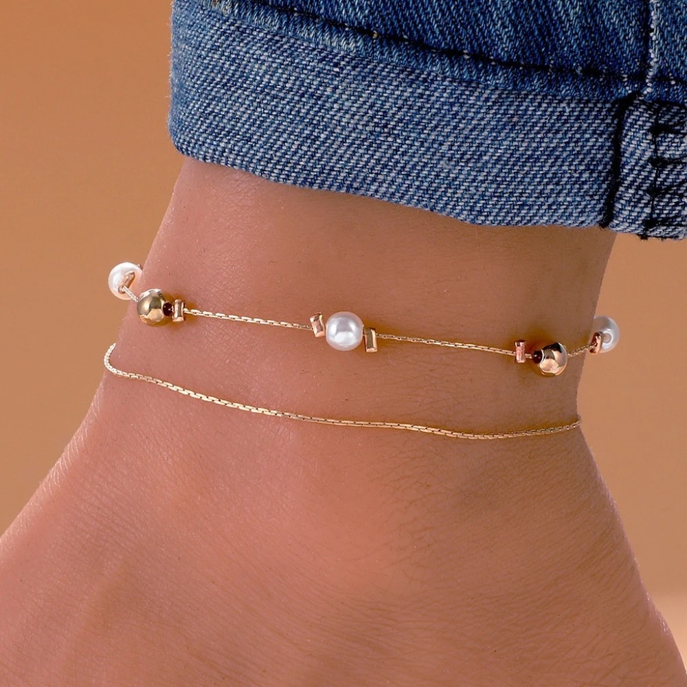 Simple Pearl Double Strand One Clasp Anklet